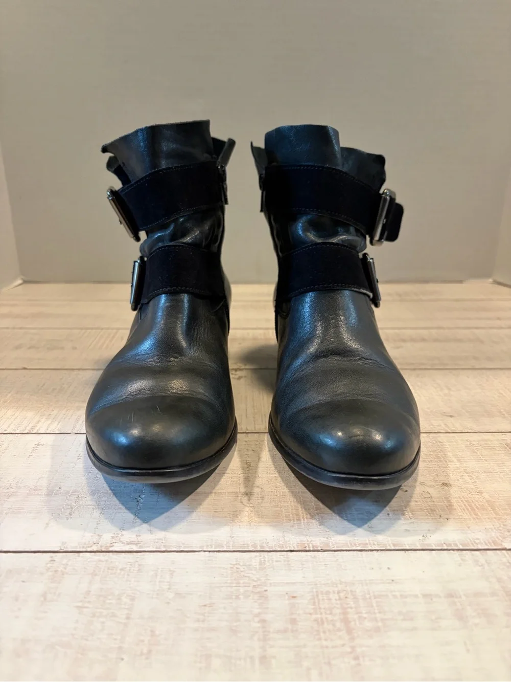 Paul Green Denver Black Leather Double Buckle Ankle Boots Size 7.5